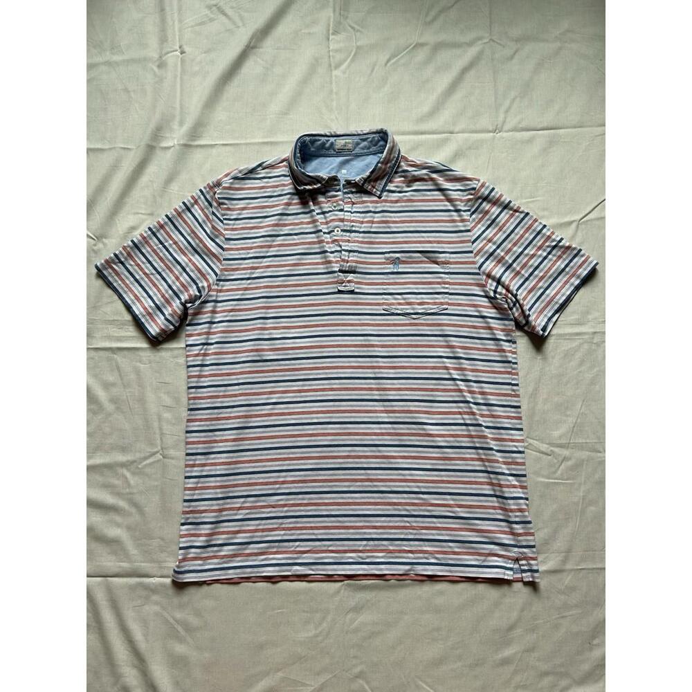 Men’s L Johnnie-O Hangin' Out Blue/Peach/White Stripe Golf Polo preppy casual